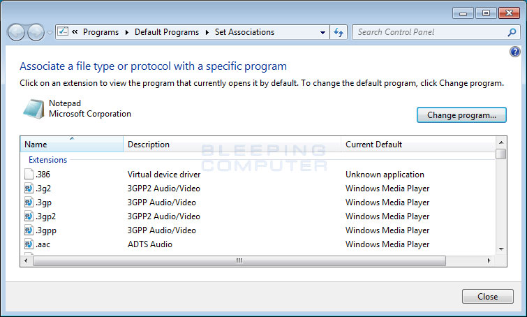 Set Associations control panel