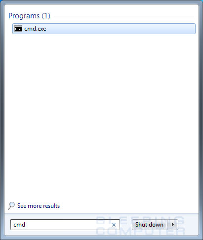 cmd.exe in the Start Menu search field