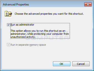 As shortcut's advanced properties screen