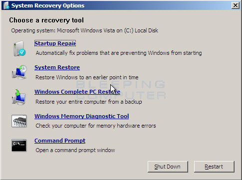 Vista System Recovery Options screen