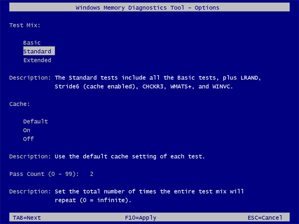 Windows Memory Diagnostics Options