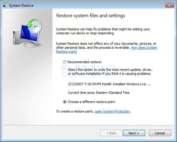 System Restore Screen