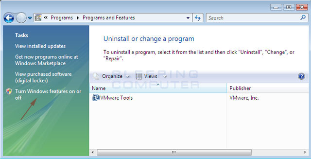 Vista Programs and Features Screen