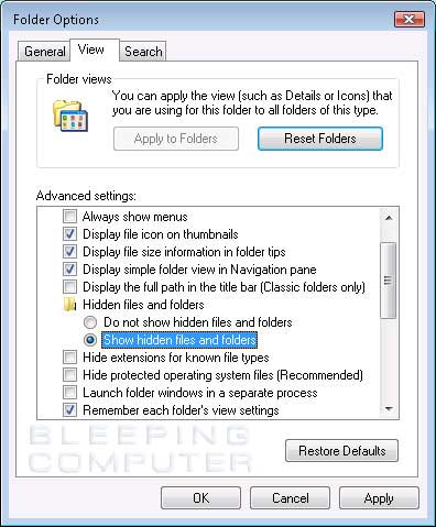 Windows Vista Folder Options