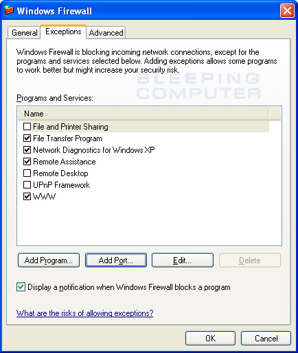 The WWW exception enabled in Windows Firewall