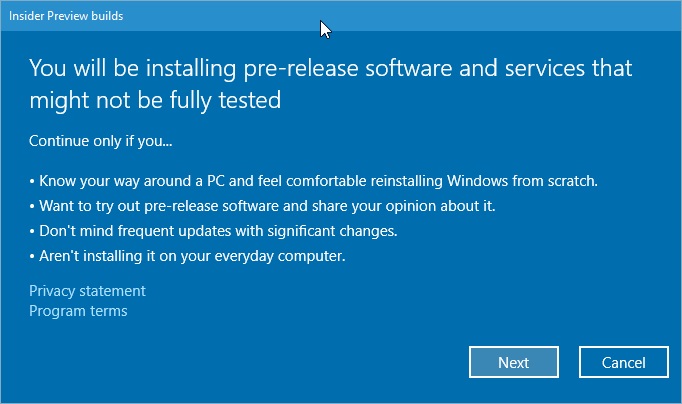 insider preview builds warning