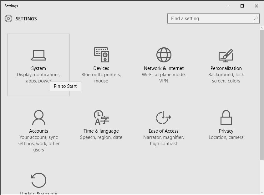 pin to start modern settings