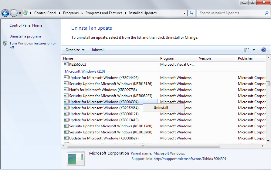 uninstall windows update