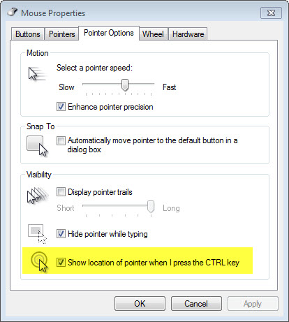 show location of pointer when i press the ctrl key