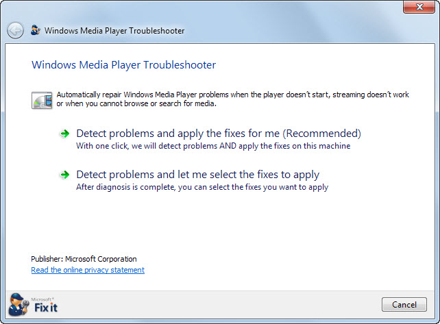 windows media player troubleshooter