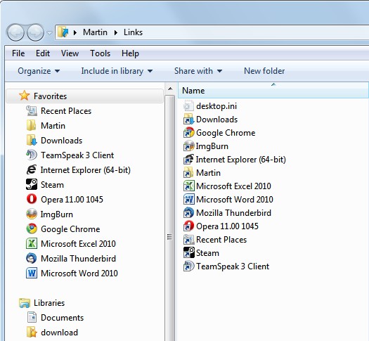 windows explorer favorites