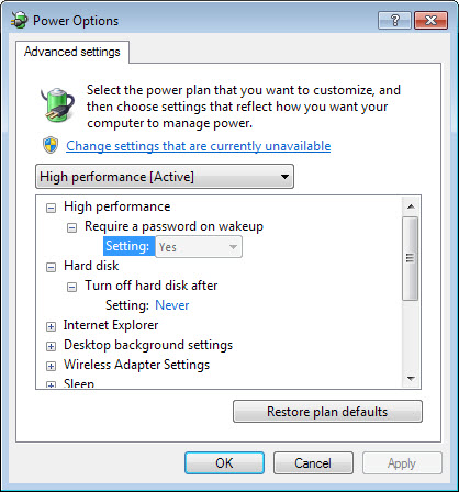 power options hard disk sleep