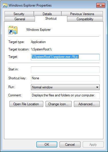 windows explorer start folder