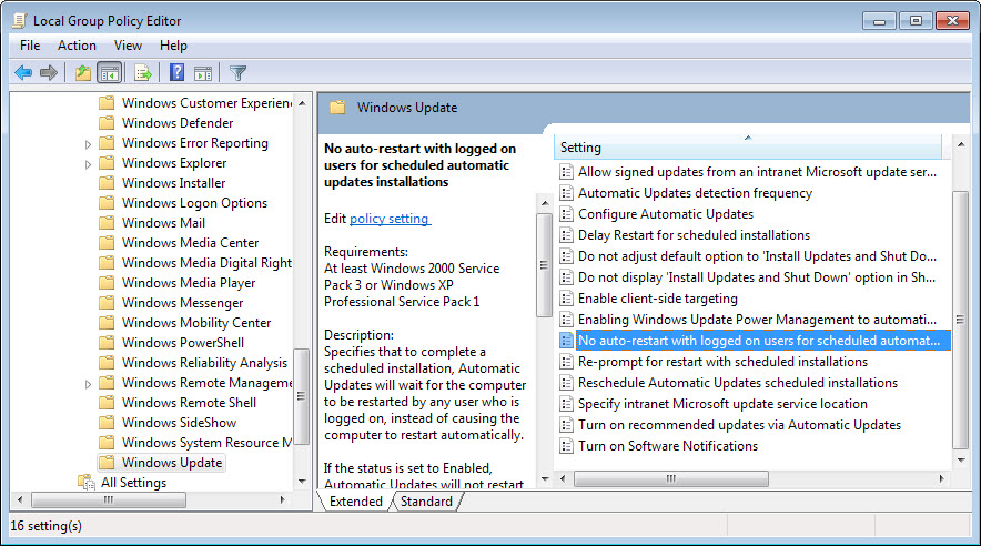 no auto restart with logged on users for scheduled automatic updates installations