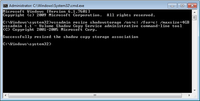 change system restore size command-line