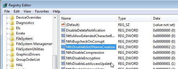 ntfs disable 8dot3 name creation