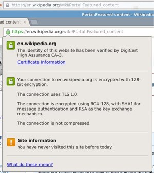 Figure 2: How Wikipedia's SSL is reported by Firefox (top) and Chromium. Firefox is gray, Chromium is nice green.