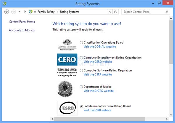 Gaming rating Systems supported by Windows 8