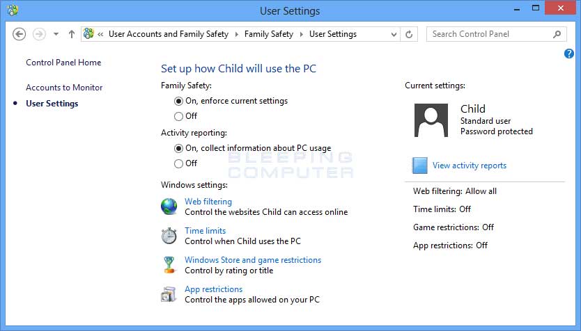 User's Family Safety settings screen