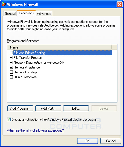 Windows Firewall Exceptions Screen 