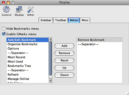 menu section of the display options in gmarks