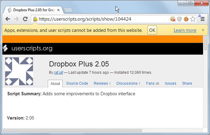 apps extensions user scripts cannot be added from this website