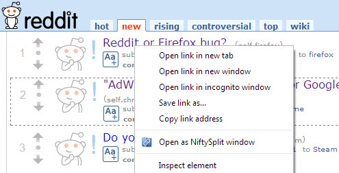 open as niftysplit window