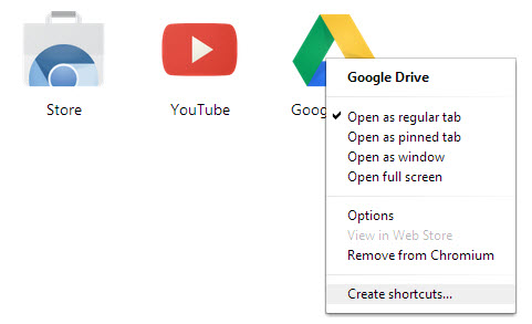 chrome create app shortcuts