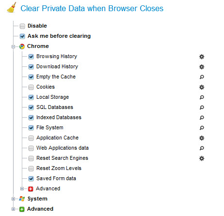 clear private data when chrome closes