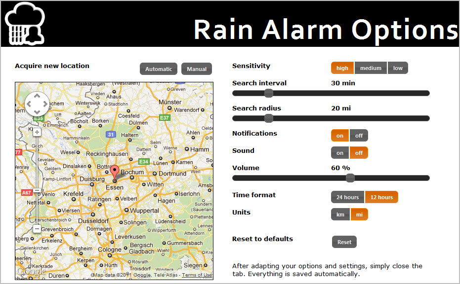 rain alarm options