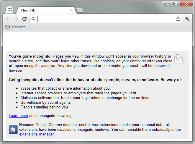 google chrome incognito mode start page