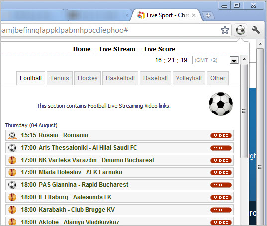 Chrome Live Sports extension interface