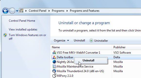 uninstall delta toolbar