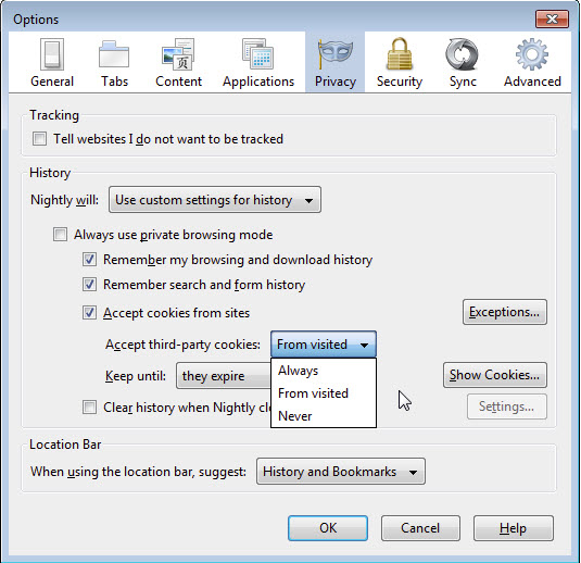 firefox accept third party cookies visited sites screenshot