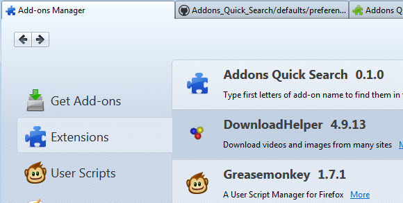 addons quick search screenshot