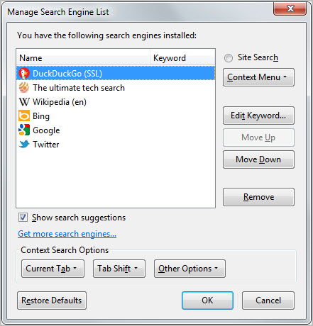 manage search engine list