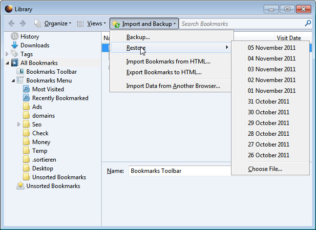 restore firefox bookmarks