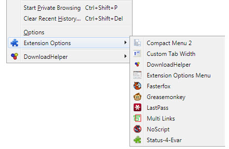 extension options menu