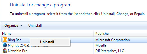 uninstall bing bar