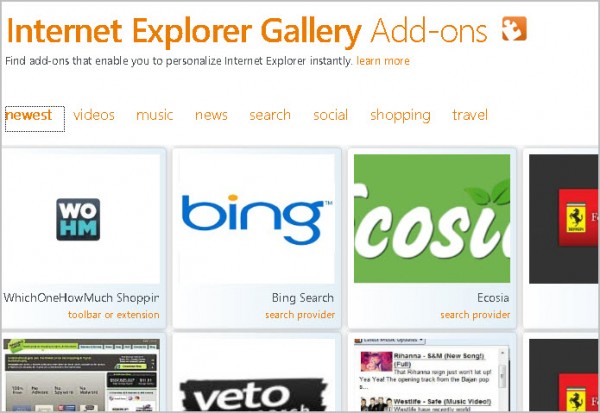 internet explorer search add-ons