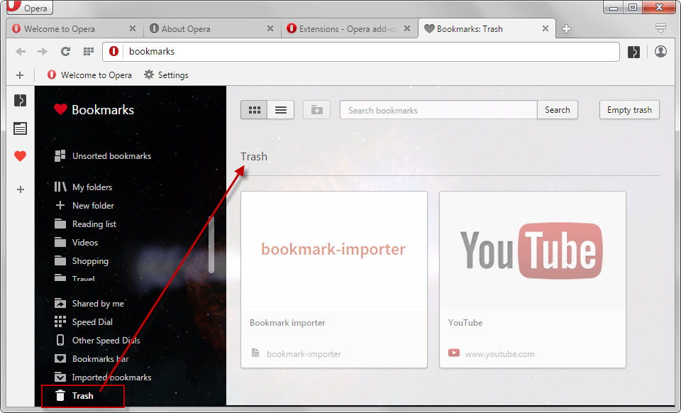 bookmarks trash