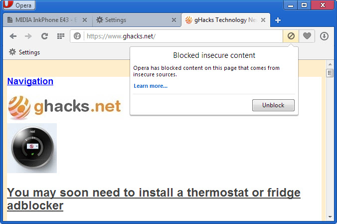 opera blocked insecure content