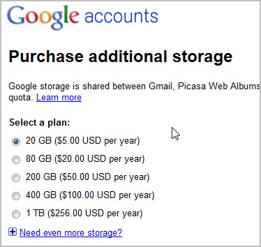 google purchase additional storage