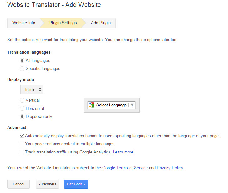 website translator settings