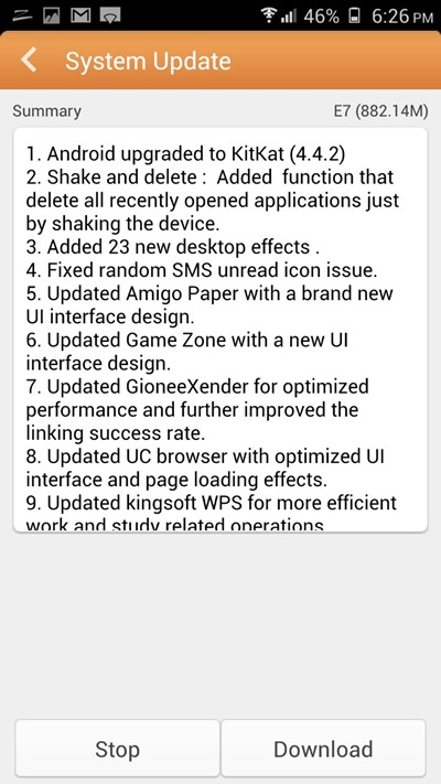 Gionee Elife E7 KitKat update