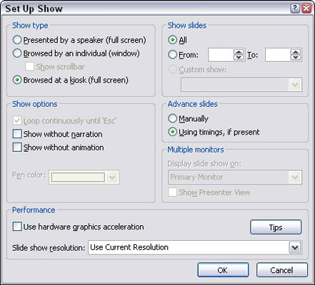 Make a presentation self-running in this dialog box.