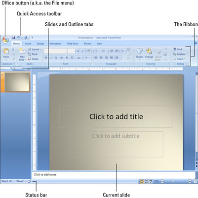 The main PowerPoint screen provides access to tools you need to start making presentations.