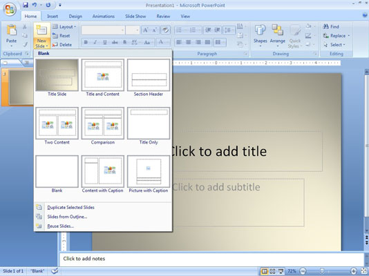 PowerPoint offers built-in slide layouts.