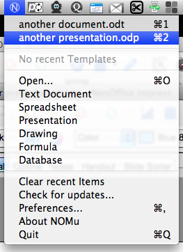 open office documents from the menu bar