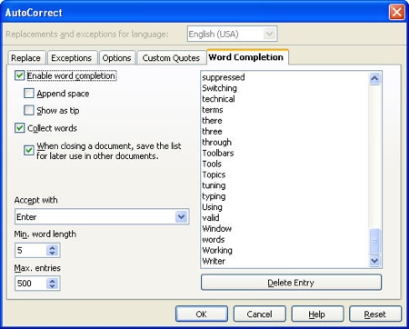 word completion in openoffice